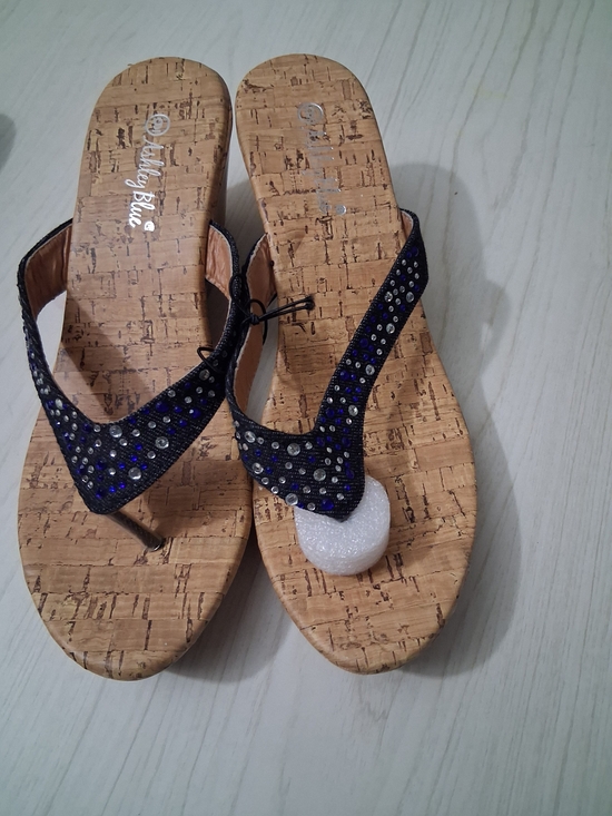 Ashley Blue Shoes - Ashley Blue Navy Rhinestone Cork Wedge Thong Sandals
